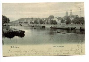 "Partie am Neckar", Blick vom linken Neckarufer auf Neckarbrücke, Postamt Kaiserstraße 2, Neckarfront (Obere Neckarstraße), Frachtschiffe und Ruderboot