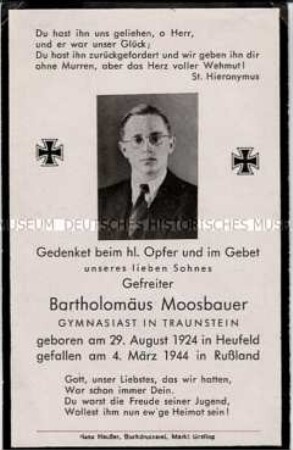 Todesanzeige für den Gefreiten Bartolomäus Moosbauer, gefallen am 4. März 1944 in Russland