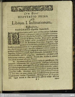 Disputatio Prima Ad Librum I. Institutionum. Respondente Burchard Spilcker Hamelensi