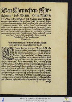 Den Ehrnvesten / Fürsichtigen / und Weisen / Herrn Achilles ...
