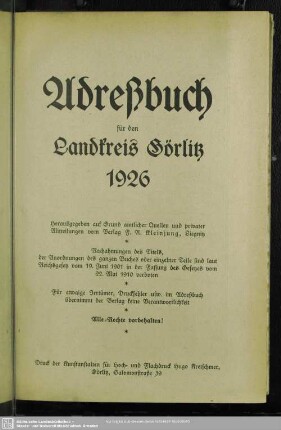 1926: Adreßbuch für den Landkreis Görlitz