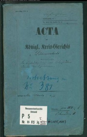 Belegakte zu den Zivilstandsregistern der Dissidenten mit den Orten Börlinghausen, Breitenloh, Friedrichsthal, Hahn, Halver, Heedfeld, Honsel, Lösenbach, Lüdenscheid, Mummeshohl, Neuenhause, Rahmede, Vogelberg und Windfuhr (T 1856-1874, 1873-1874)