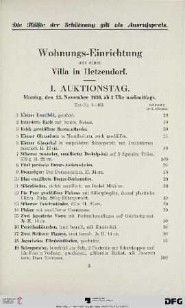 I. Auktionstag: Montag, den 23. November 1936, ab 3 Uhr nachmittags (Nr. 1-189)