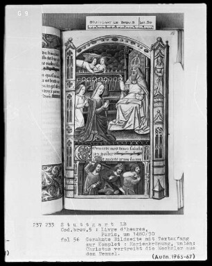 Lateinisches Stundenbuch (Livre d'heures) — Gerahmte Bildseite mit Textanfang und zwei Miniaturen, Folio 56recto