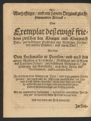 Exemplar deß Ewigen Friedens zwischen Poln und Preussen.