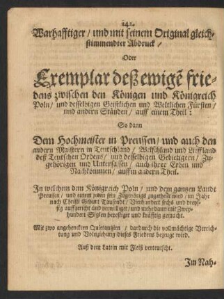 Exemplar deß Ewigen Friedens zwischen Poln und Preussen.