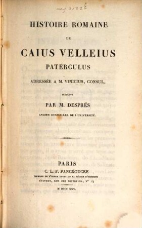 Histoire romaine de Cajus Vellejus Paterculus