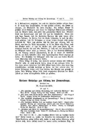 Weitere Beiträge zur Lösung der Frauenfrage : IV und V.