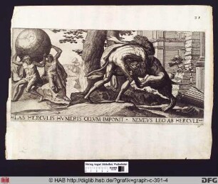 Herkules mit Atlas und der Himmelskugel und beim Kampf mit dem Löwen.