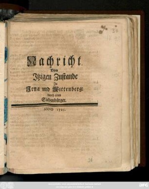 Nachricht vom Jtzigen Zustande Zu Jena und Wittenberg