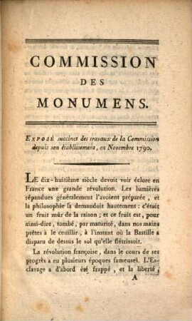 Commission des monumens : Exposé succinct des travaux de la Commission depuis son établissement, en Novembre 1790