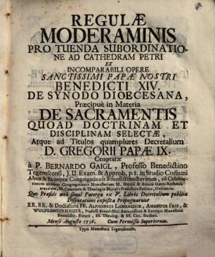 Regulae moderaminis pro tuenda subordinatione ad cathedram Petri ...