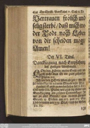 Der VI. Titul. Dancksagung nach Empfahung deß Heiligen Abendmals.