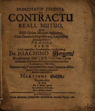 Exercitatio Iuridica De Contractu Reali, Mutuo