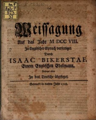 Weissagung auf das Jahr 1708