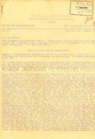 Interner Nachrichtendienst der Stadtverwaltung Leipzig u.a. mit der Meldung über den Abwurf einer Atombombe auf Hiroshima und über einen Erlaß von Marschall Montgomery zur britischen Besatzungspolitik ("Nur für den Dienstgebrauch")
