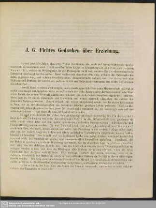 J. G. Fichtes Gedanken über Erziehung