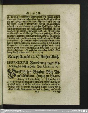 Verordnung wegen Anbauung der wüsten Höfe. Den 8. Mart. 1717