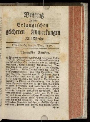 XIII. Woche. Sonnabends, den 31. Merz. 1787.