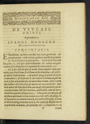 Disputatio XII. De Usucapionibus Respondente Ioanne Monacho Aldenburgense.