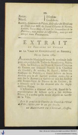 Extrait Du Registre Du Greffe De La Ville Et Communauté De Rennes.