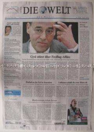 Tageszeitung "Die Welt" mit Titelbericht zum Rücktritt von Gregor Gysi als Wirtschaftssenator von Berlin wegen der Kampagne um private Freiflüge