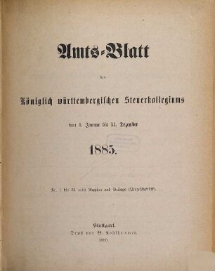 Amtsblatt des Württembergischen Steuerkollegiums. 1885