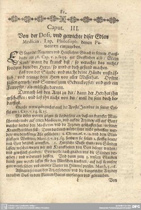Caput III. Von der Dosi, und gewichte diser Edlen Medicin, Lap. Philosoph. denen Patienten einzugeben.