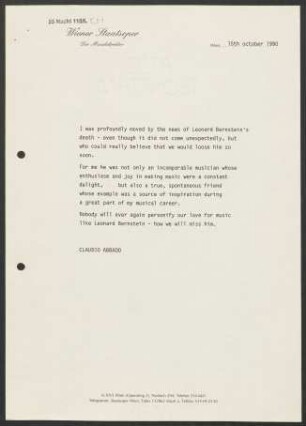 Kurzer Text von Claudio Abbado zum Tod von Leonard Bernstein