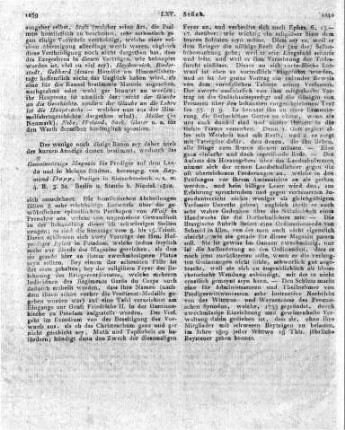 Gemeinnützige Magazin für Prediger auf dem Lande und in kleinen Städten, herausgeg. von Raymund Dapp, Prediger in Kleinschönebeck u.s.w. 4. B. 3. St. Berlin u. Stettin b. Nicolai. 1810.