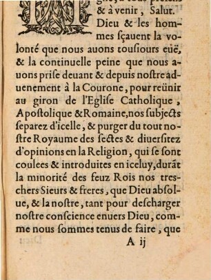 Edict du roy sur la reunion de ses subjects a l'eglise catholiques