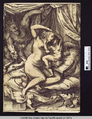 Venus und Amor, belauscht von einem Satyr.