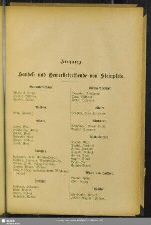 Berufsklassen und Gewerbebetriebe Steinpleis : Anhang. Handel- und Gewerbetreibende von Steinpleis