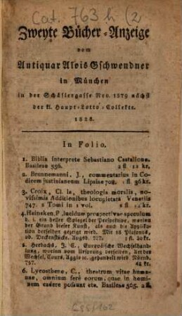 Bücher-Anzeige vom Antiquar Alois Gschwendner in München. 2. 1828