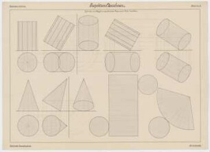 Projektions Zeichnen. : Bez.: Cylinder und Kegel in verschiedenen Lagen und Netz derselben., Städtische Gewerbeschule., Guido Hertel., Blatt Nr. 5., Wint. Sem. 1901-02.
