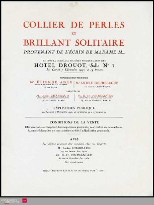 Collier de perles et Brillant solitaire : provenant de l'écrin de Madame M .... : et dont la vente aux enchères publiques aura lieu Hôtel Drouot, Salle No 7, le lundi 7 Décembre 1942