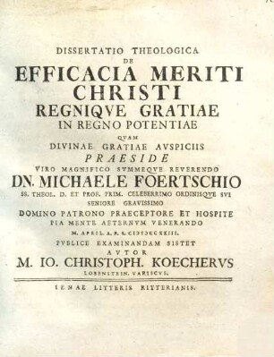 Dissertatio theologica de efficacia meriti Christi regnique gratiae in regno potentiae