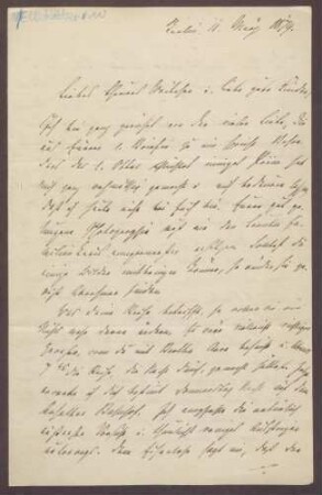 Schreiben von Moritz Ellstätter, Berlin, an seine Frau Marie: - Reisepläne und -vorschriften - Kontakt zu [Ludwig] Turban - Besuch bei Gebhards (zusammen mit [August] Eisenlohr) - Einladungen Gebhards, [Adolf von] Hansemanns und vom Kaiser - Privates - Anweisungen an die Kinder - Diner bei [Rudolf von] Delbrück