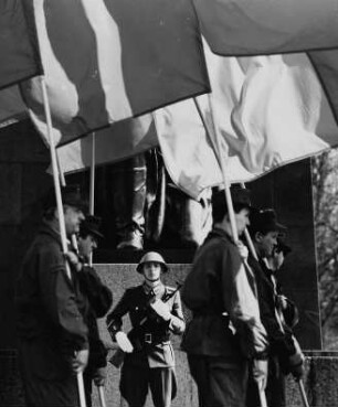 Soldat der Nationalen Volksarmee und fahnentragende Kampfgruppen am "Tag der Befreiung" am Sowjetischen Ehrenmal