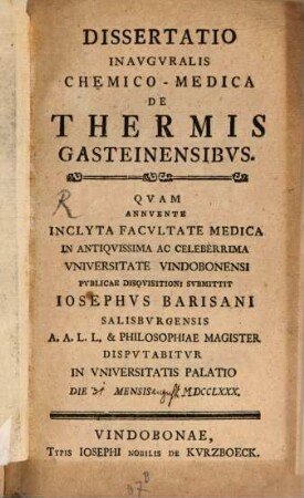Dissertatio Inavgvralis Chemico-Medica De Thermis Gasteinensibvs