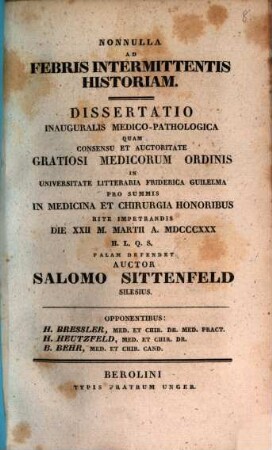 Nonnulla ad febris intermittentis historiam : dissertatio inauguralis medico-pathologica