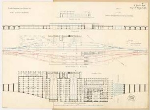 Bahnhof auf Viadukten - Stadtbahnhof Alexanderplatz, Berlin Monatskonkurrenz Januar 1874: Lageplan, Grundriss, Längsschnitt, Querschnitt; 1:500, Maßstabsleiste