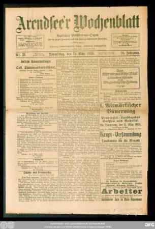 Arendsee'r Wochenblatt, Nr. 31. Donnerstag, den 11. März 1920.