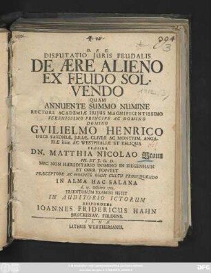 Disputatio Juris Feudalis De Ære Alieno Ex Feudo Solvendo