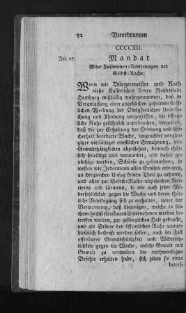 CCCCXII. Mandat wider Zusammen-Rottirungen und Selbst-Rache.