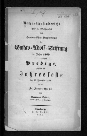 1869: Rechenschaftsbericht über die Wirksamkeit des Hamburgischen Hauptvereins der Gustav-Adolf-Stiftung