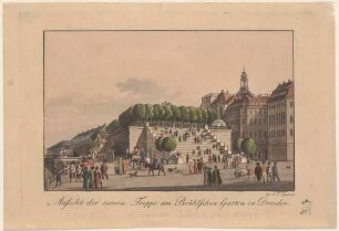 Dresden, die Treppe zur Brühlschen Terrasse vom Schlossplatz nach Osten, rechts das Fürstenbergische Haus (Finanzhaus) und das Palais Brühl (um 1900 für Ständehaus abgerissen)
