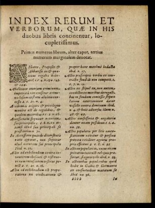 Index Rerum Et Verborum, Quae In His duobus libris continentur, locupletissimus