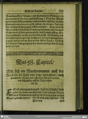 Das 58. Capitel, Wie sich ein Wandersmann auff der Reise vor der Kälte und Hitze verwahren, auch wie man die erkalten und erfrornen Glieder curiren, und sich sonst auff der Reise verhalten sol