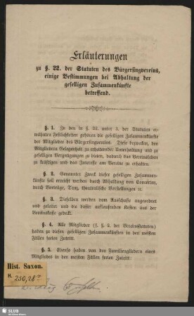 Erläuterungen zu §. 22. der Statuten des Bürgersingvereins, einige Bestimmungen bei Abhaltung der geselligen Zusammenkünfte betreffend
